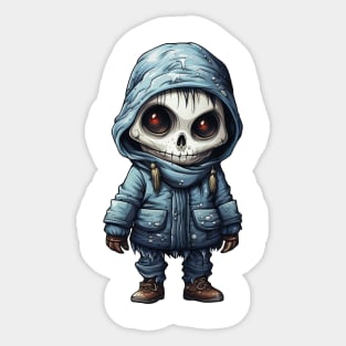 The figure of a ghoulish skull girl in a mask, wearing a cloak, perfect for Halloween, covered with snow ! Sticker